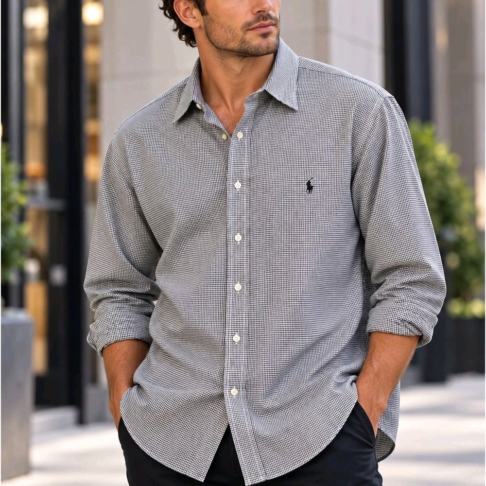Polo Ralph Lauren Andrew Mens Black White Check Cotton Button Down Size 18 34/35
